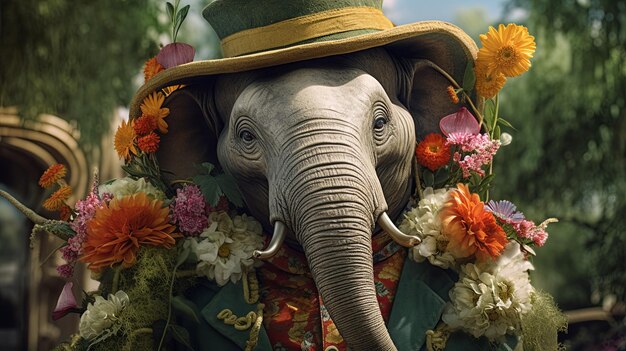 Un jardinero elefante cuidando las flores