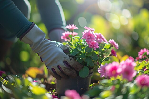 Foto un jardinero con guantes está en un jardín con la luz del sol filtrando a través