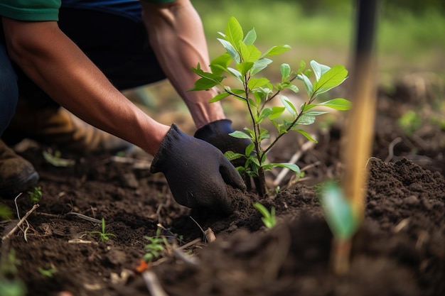 Un jardinero con guantes planta plántulas de árboles jóvenes en el suelo