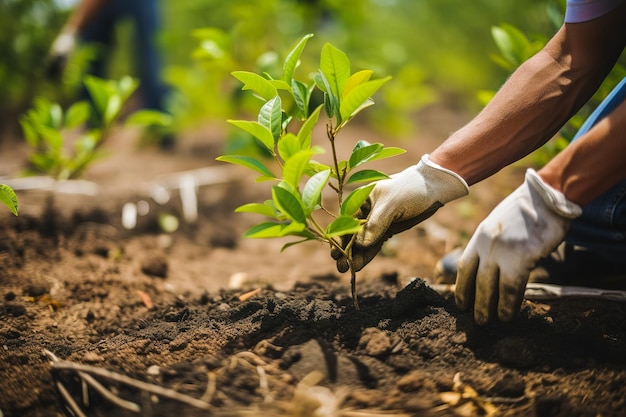 Un jardinero con guantes planta plántulas de árboles jóvenes en el suelo
