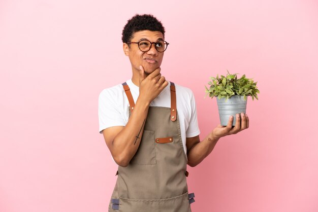 Jardinero hombre africano sosteniendo una planta aislada sobre fondo rosa con dudas