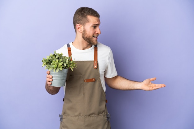 Jardinero hombre caucásico sosteniendo una planta aislada sobre fondo amarillo con expresión de sorpresa mientras mira de lado