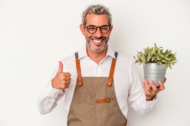 Jardinero de mediana edad hombre caucásico sosteniendo una planta aislada sobre fondo blanco sonriendo y levantando el pulgar hacia arriba