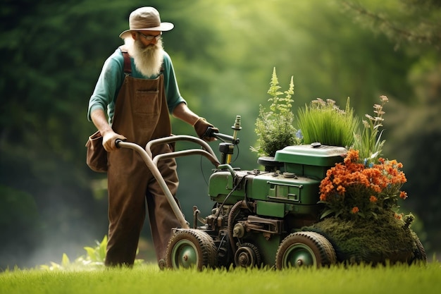 Foto el jardinero meticuloso corta el césped la naturaleza la puesta de sol genera ai