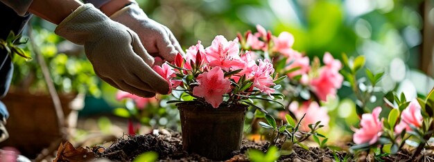 Un jardinero se ocupa de las azaleas en el jardín Foco selectivo