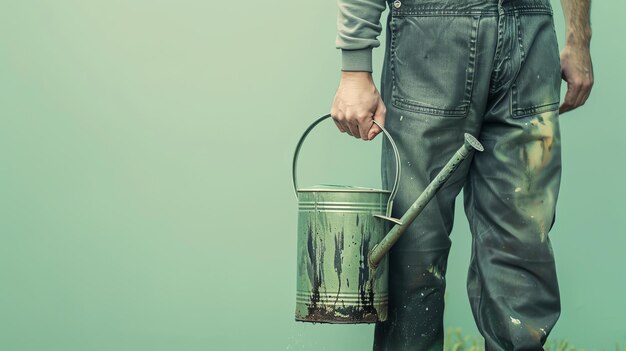 Foto un jardinero con pantalones vaqueros sucios está sosteniendo un rellenador oxidado está listo para regar las plantas en el jardín el fondo está borroso