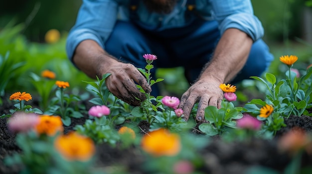 Foto el jardinero está plantando flores.