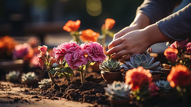 Foto un jardinero que planta una variedad de flores de colores