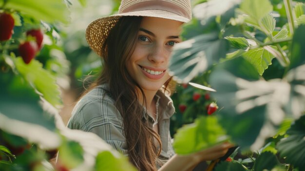 El jardinero recorta los arbustos de fresas en la cama del jardín con tijeras de jardín