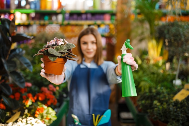 Jardinero de sexo femenino con flor y jardín tienda de pulverización para jardinería. Mujer vende plantas en floristería, vendedor