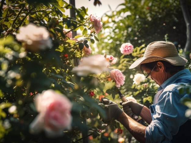 Un jardinero con sombrero está recortando o podando una imagen de ai generativa de un rosal