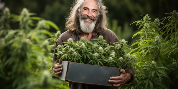 Un jardinero sonriente sostiene una caja de plántulas de marihuana en el jardín. Su cuidado por las plantas y la alegría de la cosecha crean una atmósfera de armonía. IA IA generativa