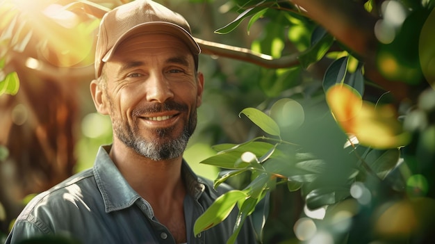 El jardinero trabajando dentro del jardín sobre mantener y cuidar el árbol aig