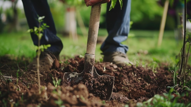 jardinero usando una pala para aflojar el suelo alrededor de la base de un árbol aerando las raíces y promoviendo la absorción saludable de nutrientes