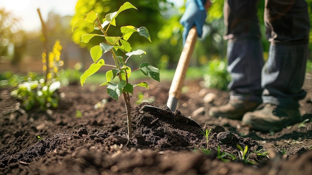 jardinero usando una pala para aflojar el suelo alrededor de la base de un árbol aerando las raíces y promoviendo la absorción saludable de nutrientes