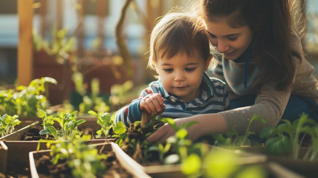 Jardineros en ciernes explorando la siembra de primavera junto con la madre