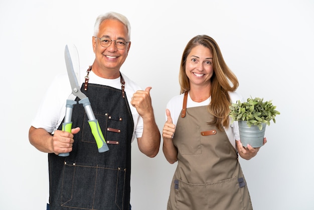 Jardineros de mediana edad sosteniendo una planta y tijeras aisladas sobre fondo blanco dando un pulgar hacia arriba gesto con ambas manos y sonriendo