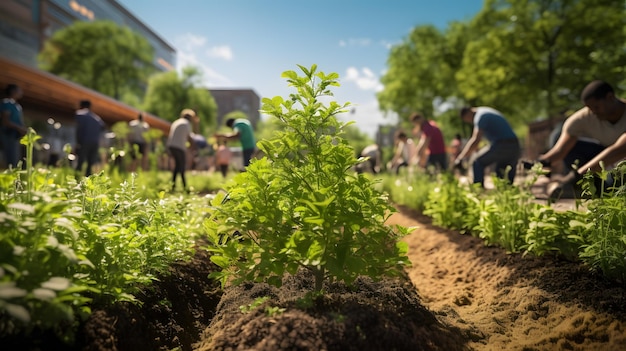 Jardineros ocupados trabajando duro en un exuberante jardín verde con abundante suelo y pl