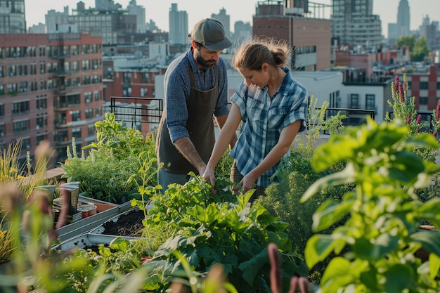 Foto jardineros urbanos cuidando plantas en los techos