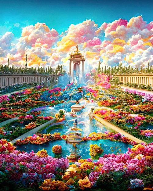 Jardines celestiales oasis colores palacio con fuentes esculturas de agua paraíso eterno flores nubes