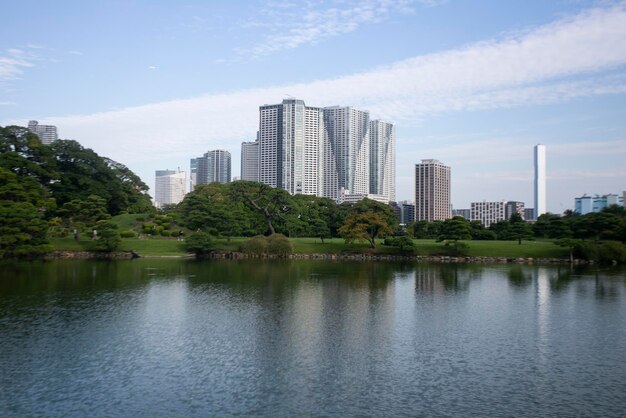 Foto los jardines de hamarikyu son un parque público en ch tokio, japón, ubicado en la desembocadura del sumida.