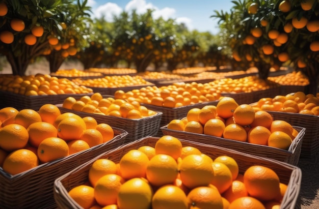 jardines de naranjas plantaciones de naranjos al horizonte naranjas maduras colgando de una rama muchas cestas de mimbre con naranjas día soleado amanecer o puesta de sol luz