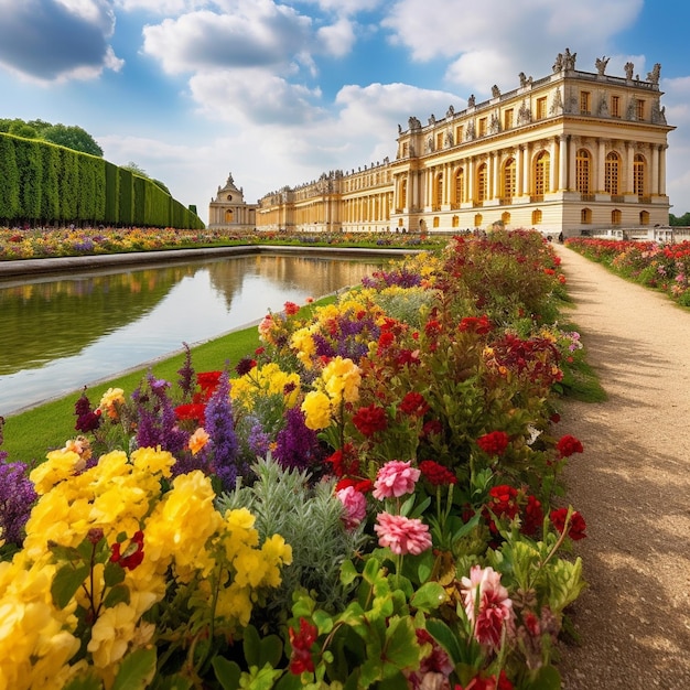 Los jardines del palacio real están rodeados de flores y plantas.