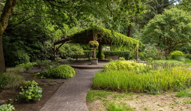 Jardines de Sendall en una estación de verano moderna del parque de la ciudad suburbana