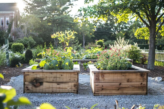 Jardins de legumes iluminados pelo sol em um quintal vibrante