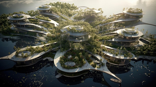 Jardins flutuantes em uma megaestrutura futurista