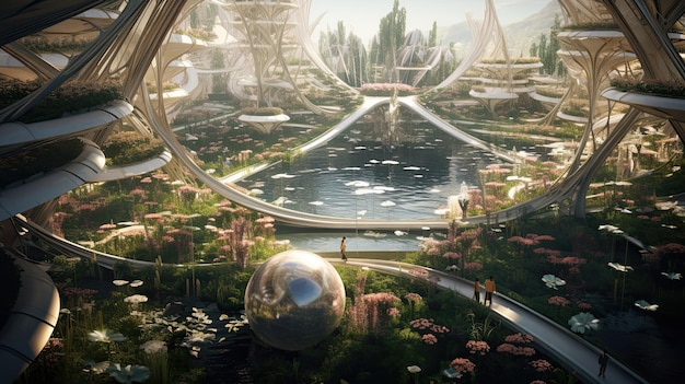 Foto jardins flutuantes em uma megaestrutura futurista