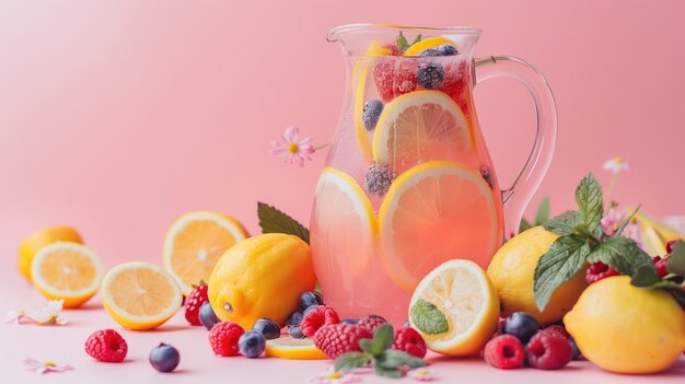 Una jarra de agua con infusión de frutas entre limones y bayas frescas en un entorno soleado