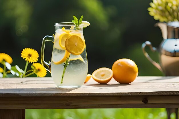 Una jarra de agua con limones y limones en una mesa de madera.