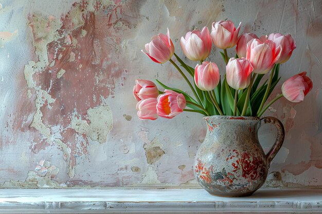 Una jarra de cerámica llena de tulipanes rosados en flor en una repisa blanca con un fondo rojo enyesado