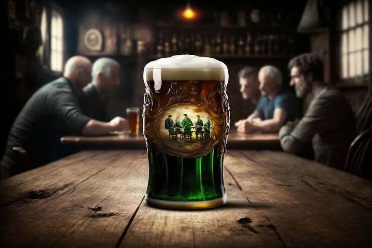 Jarra de cerveza de cerveza irlandesa verde contra el fondo de cinco hombres en el pub el día de San Patricio Ai generativo