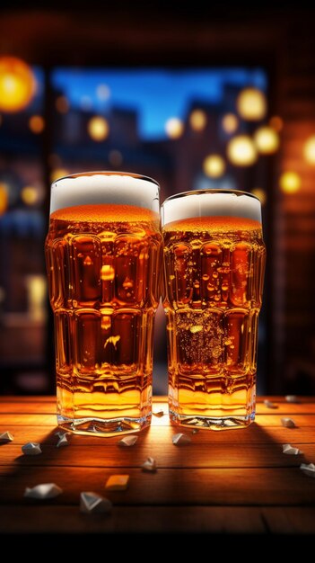 Una jarra de cerveza espumosa brilla en un ladrillo con luces de neón que personifican el ambiente de un pub vertical, fondo de pantalla móvil