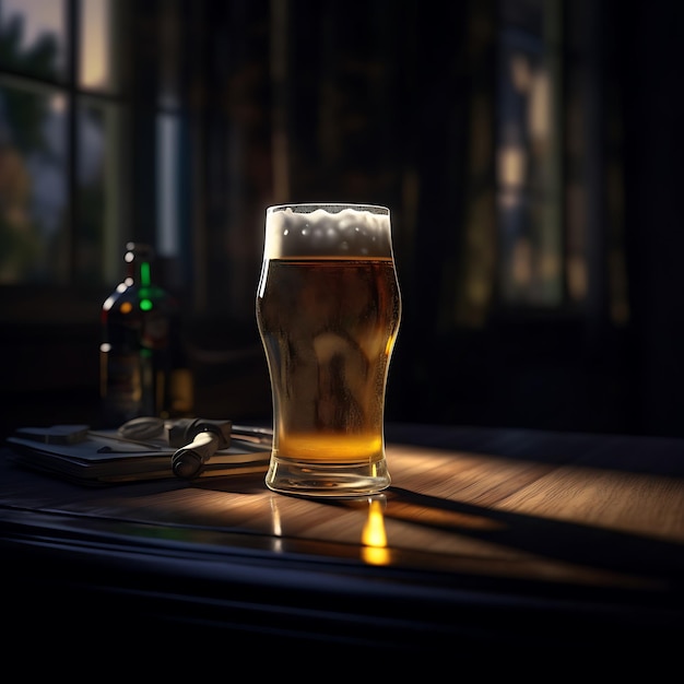 Jarra de cerveza en la mesa cerca de la ventana con una vista de la ciudad generada por ai