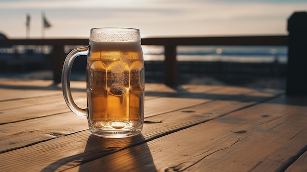 Jarra de cerveza de pie sobre un piso de madera junto a la playa