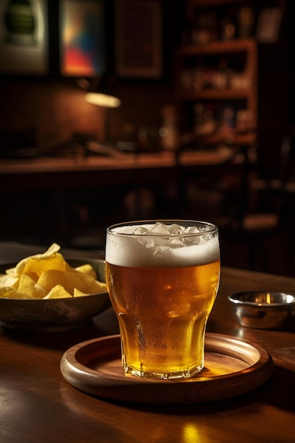 Una jarra de cerveza de vidrio con espuma y papas fritas Ilustración generativa de AI