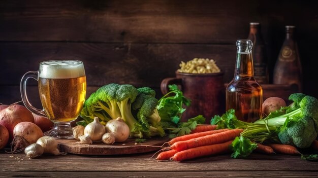 Jarra de cerveza con wegetables sobre fondo de mesa de madera naturaleza muerta copia espacio ai generado