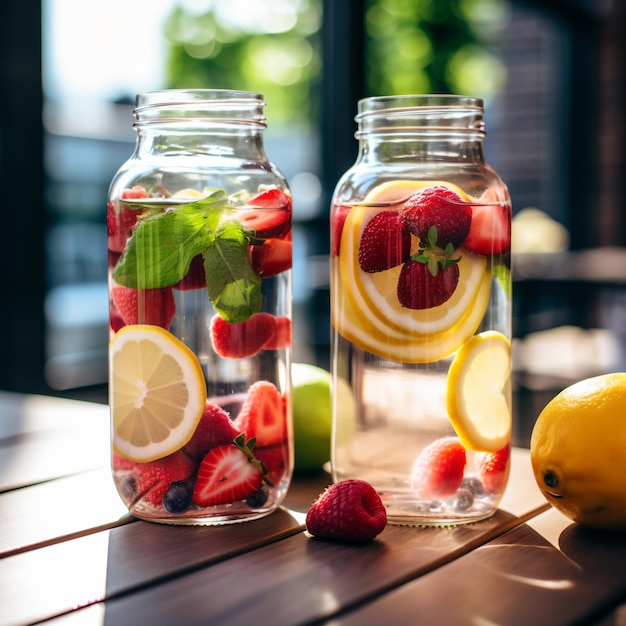 Una jarra de fruta y agua con limones al lado.