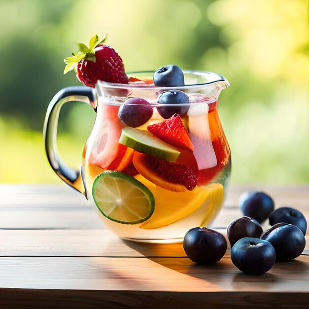 Una jarra de fruta y un vaso de agua con una hoja verde al costado.