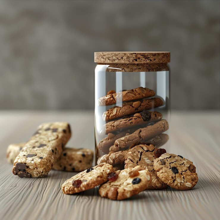 una jarra de galletas con un mango de madera y una jarra de vidrio de galletas de avena en el fondo