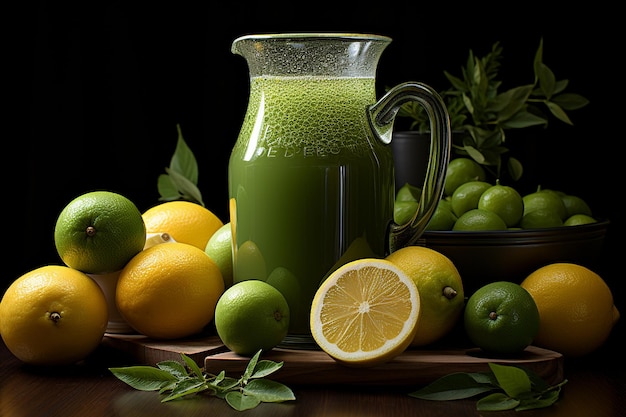 Una jarra de jugo verde rodeada de frutas y verduras frescas