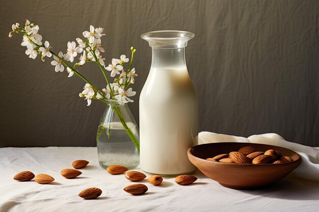 Jarra de leche de almendras almendras ramitas verdes