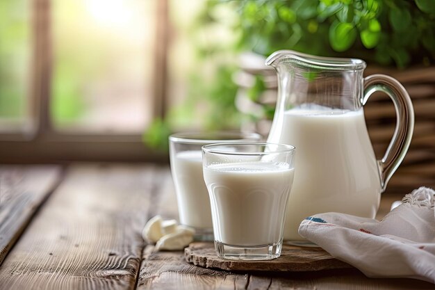 Una jarra de leche y un vaso de leche en una mesa de madera