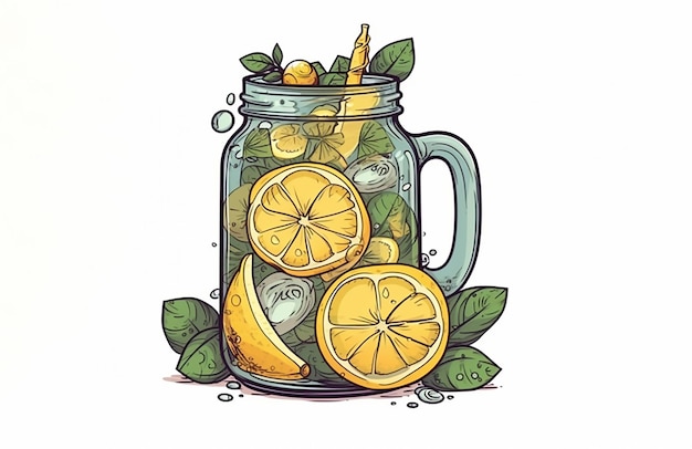 Una jarra de limonada con rodajas de lima y limón con hielo sobre un fondo blanco.