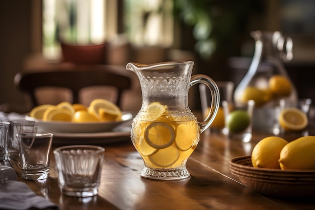 Una jarra de limonada se sienta en una mesa con un plato de limones en el fondo.