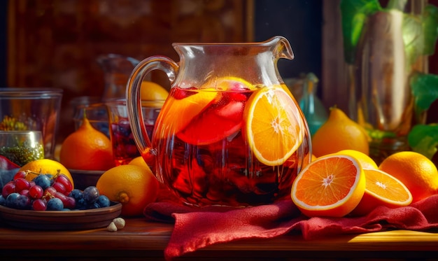 Jarra llena de líquido rojo junto a rodajas de naranjas y arándanos IA generativa