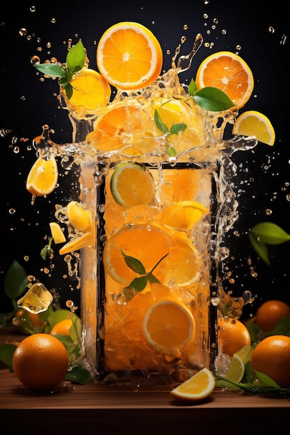 una jarra de naranjas con agua salpicando sobre ella